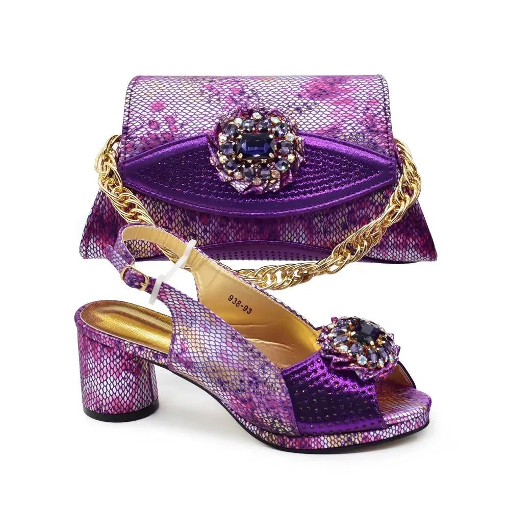 Italian Shoes and Bags Matching Set Decorated with Rhinestone Nigerian Heel Party for Women African Wedding Shoes with Bag