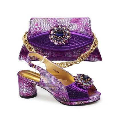 New Arrival Italian Shoes and Bags Matching Set 2024 Nigerian Heel Party for Women Purple Colour Italian Design Wedding Dress