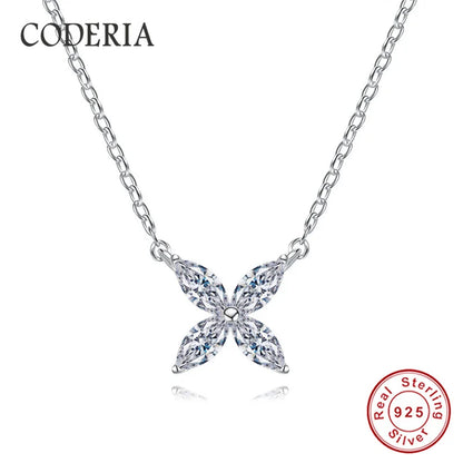 Single 0.3CT Moissanite Necklace Plated with 14K White Gold Fashion 925 Sterling Silver Four-Leaf Clover Pendant Clavicle Chain