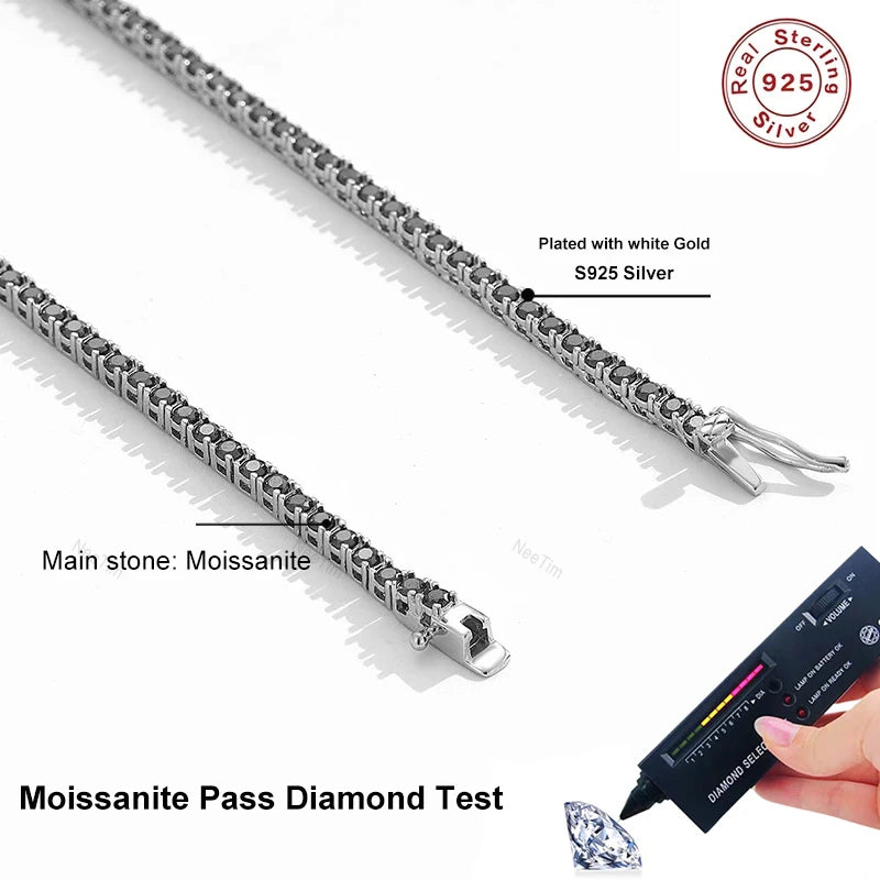 NeeTim 2mm 3mm Black Moissanite Tennis Necklace s925 Sterling Silver with White Gold Plated Neck Chain Necklaces for Women Man