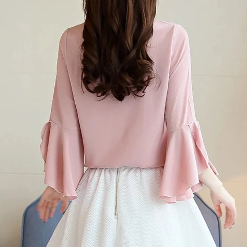 Seven-point Female Ruffled Sleeved Loose Shirt Chiffon Blouses