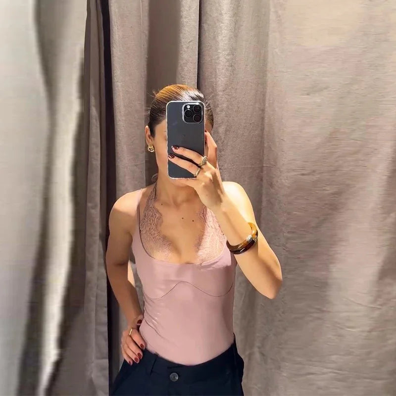 Women's Jumpsuit 2026 Spring New Solid Color Halter Neck Lace Splice Sexy Slim-Fit Romper Personalized Fashion