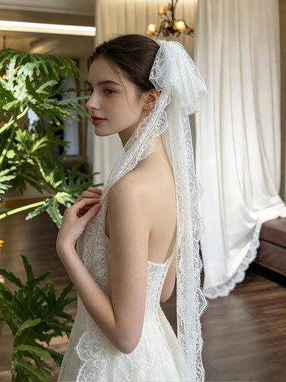 V593 Women's Eyelash Lace Bow Bridal Veil Headpiece Hair Clip Wedding Party Dress Accessory