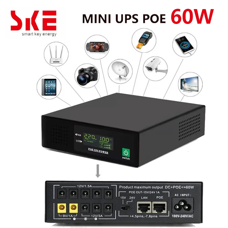 17600mAh Li-ion Battery SKE Mini DC UPS 60W POE UPS Portable Uninterrupted Power Adapter 10*Output DC POE Ports For Wifi Router
