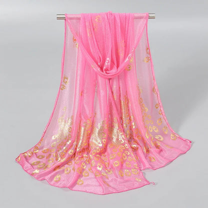 Women Glitter Thin Muffler Solid Color  Elegant Hijab Scarf Chiffon Long Scarves Gold Peacock Print Wrap Shawl Georgette Scarf