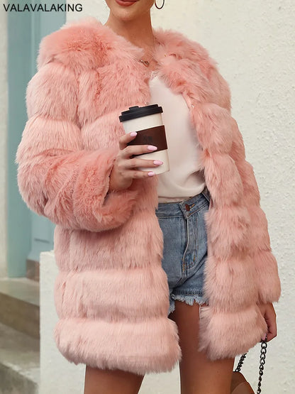 2026 Winter Long Sleeve Faux Fur Long Coat Women Elegant Pink Fluffy Outwear Jacket Lady Solid Casual Thick Warm Furry Outwear