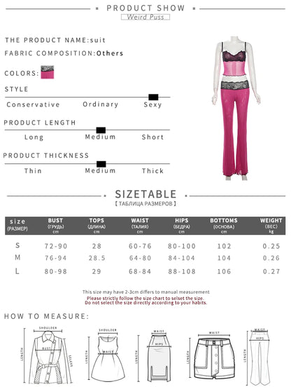 Weird Puss Patchwork Lace 2piece Sets Woman Summer Sexy Fungus Trim Spaghetti-Strap Tops+Chic Tierred Pants Party Skinny Outfits