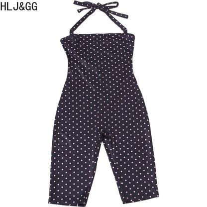 FAGADOER Fashion Trend Street Polka Dot Printing Rompers Women Halter Lace Up Bodycon Jumpsuits Sexy Female Playsuits 2026 New