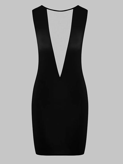 Y2K E-Girl Mesh Panel Plunge V Neck Bodycon Mini Dress Women Black Sleeveless Clubwear