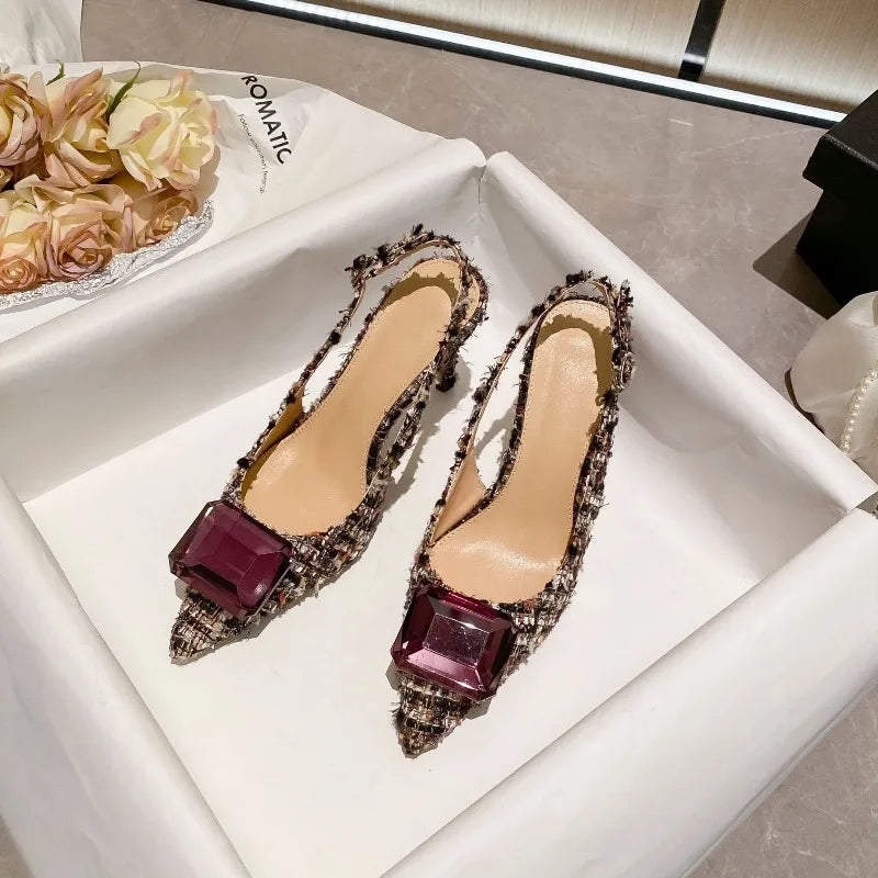 Luxury Diamonds Brand High Heels Women Sexy Pointed Toe Pumps Jewelry Sandals Ladies Elegant  Backless Party Dress Shoes Female