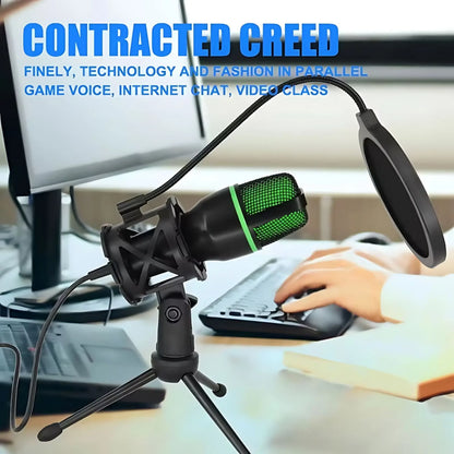 RGB Condenser Microphone Kit with Tripod Stand Professional USB Mic for Gaming Streaming YouTube Podcasts Video Recording Studio Equipment for PC Laptop Mute Button Voice Changer Adjustable RGB Lighting Plug and Play Cardioid