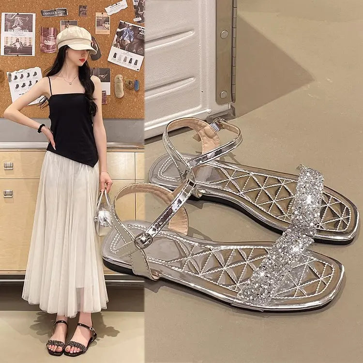 Luxury Crystal Square Toe Sandals Elegant Peep Toe Flat Slides Summer Fashionable Beach Shoes for Women