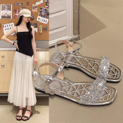 Luxury Crystal Square Toe Sandals Elegant Peep Toe Flat Slides Summer Fashionable Beach Shoes for Women