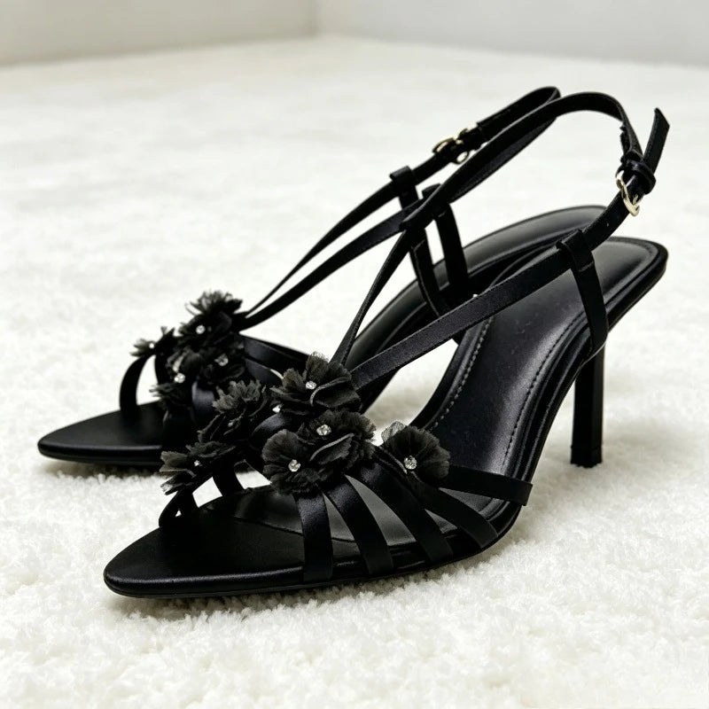 Elegant Designer Heeled Sandals Women Luxury Rhinestone Flower Embellished Satin High Heels Sexy Open Toe Wedding Bridal Shoes