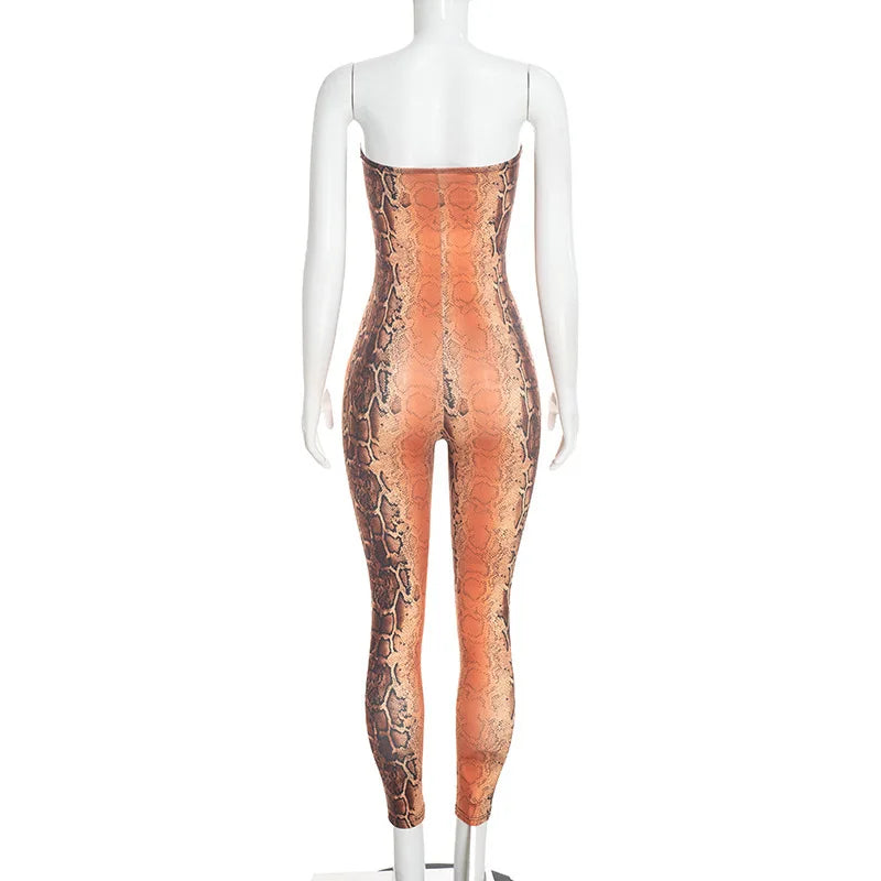 STYLISH LADY Snake Print Strapless Jumpsuits 2026 Women Hollow O Ring Sleeveless Bodycon Sexy Club Party Street Long Jumpsuit