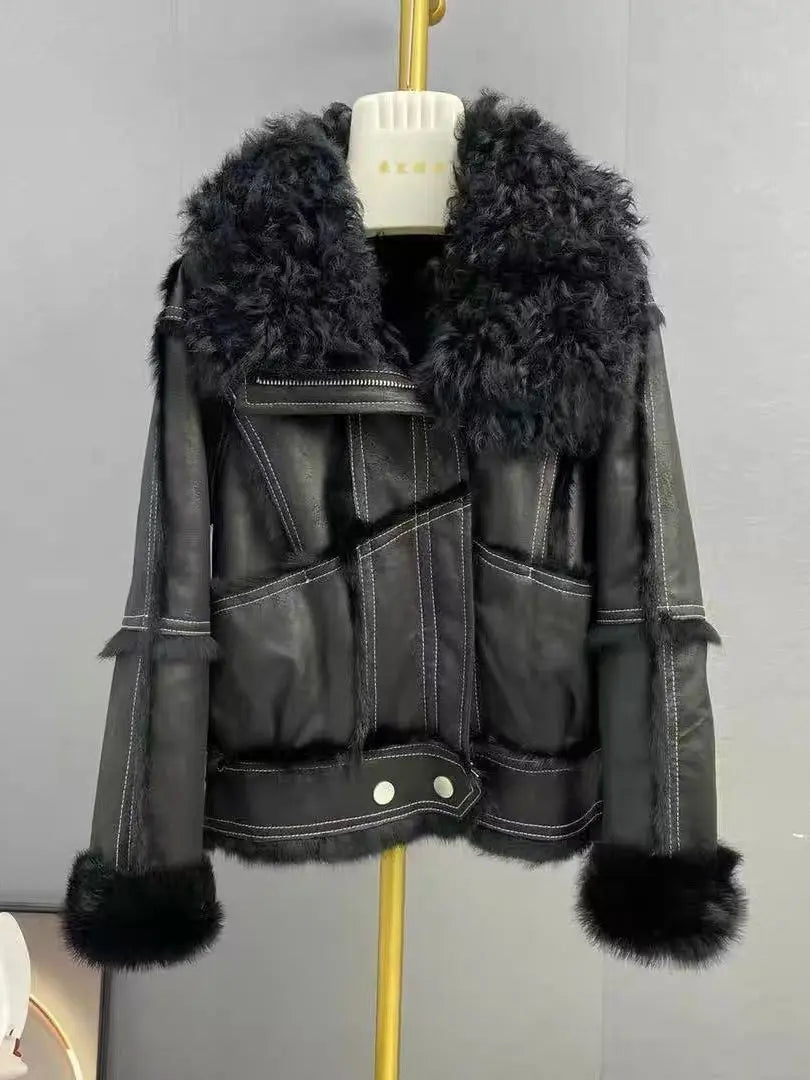 Real Rex rabbit fur Coats With Genuine Sheepskin Leather Wholeskin Natural rabbit fur Jacket Outwear Luxury Women  Winter New