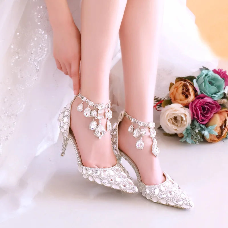 2024 Autumn Slim Heels Shallow Mouth Luxury Blue Water Diamond Pearl Women Single Shoes 9CM Wedding Party Shoes Sandalias Mujer