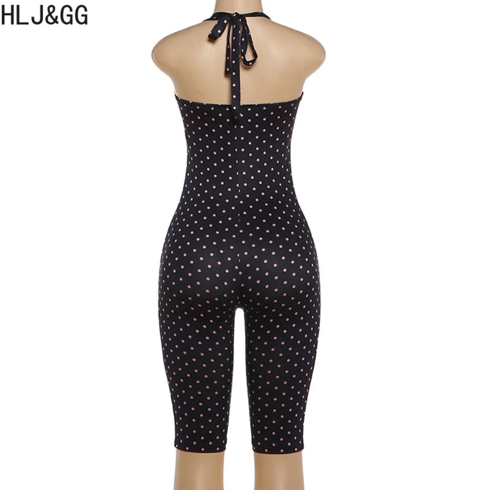 FAGADOER Fashion Trend Street Polka Dot Printing Rompers Women Halter Lace Up Bodycon Jumpsuits Sexy Female Playsuits 2026 New