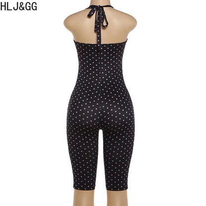 FAGADOER Fashion Trend Street Polka Dot Printing Rompers Women Halter Lace Up Bodycon Jumpsuits Sexy Female Playsuits 2026 New