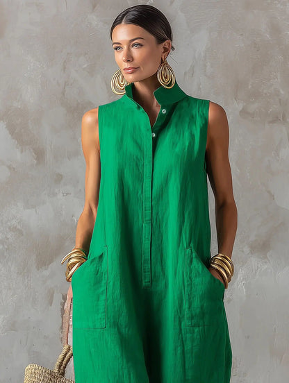 Elegant Women's Sleeveless Linen Blend Jumpsuit Button Down Collared Romper Casual Loose Summer Beach Vacation Boho Jumpsuits