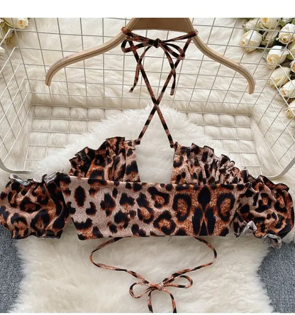 Leopard Print Suits Sexy Women Off the Shoulder Backless Crop Tops+Mini Skirts Sets Halter Drawstring Elastic Hotsweet Club Slim
