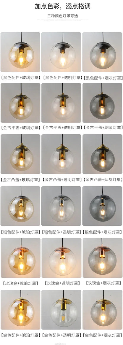Modern Simple Glass Chandelier Bar Counter Restaurant Gold Hanging Lights Silver Metal Amber Ashtray Ball Glass Suspension Lamp