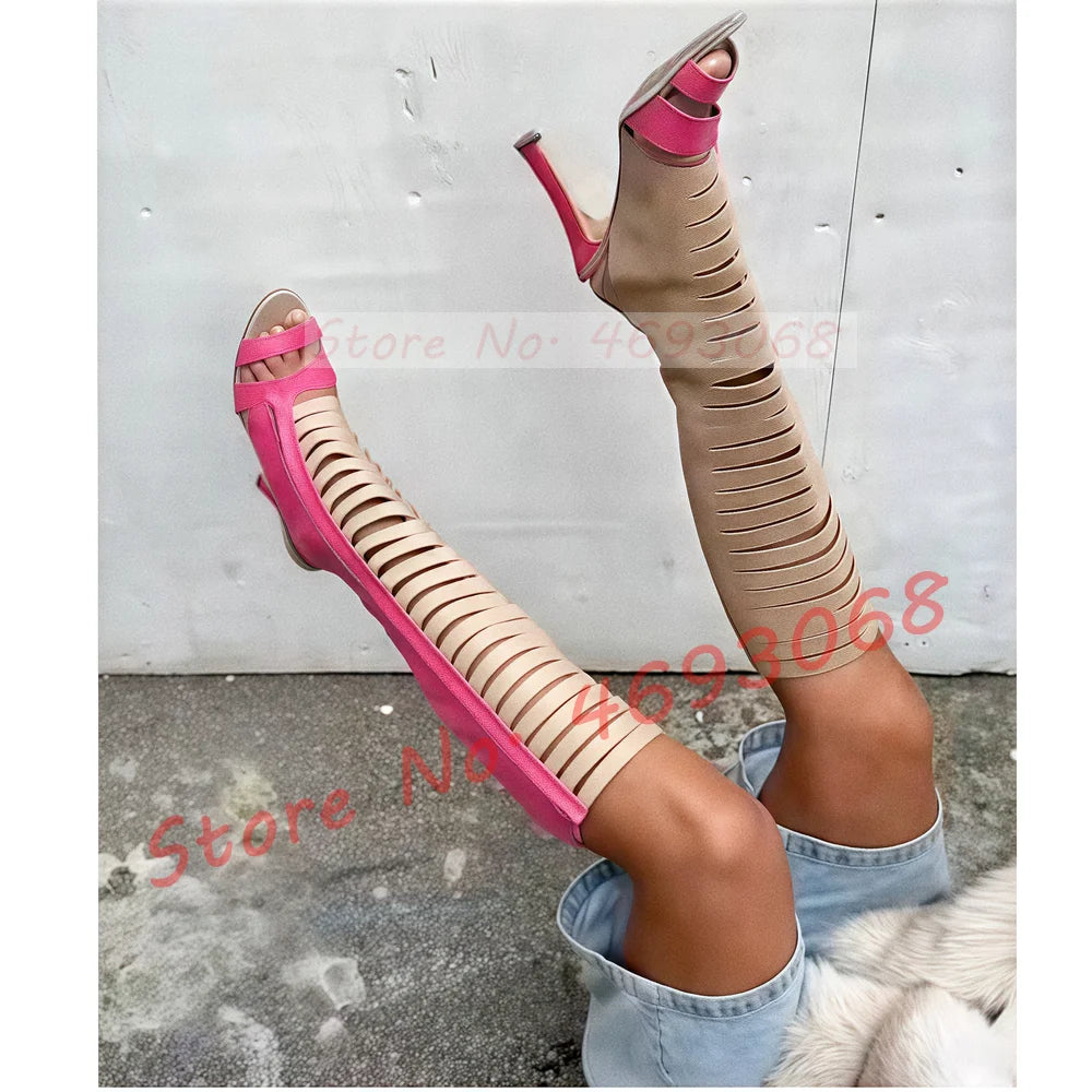 Pink Strappy Open Toe Knee High Boots Women Sexy Nude Splicing Leather Cutout Boots Outfit Novelty Mixed Color High Heels Shoes
