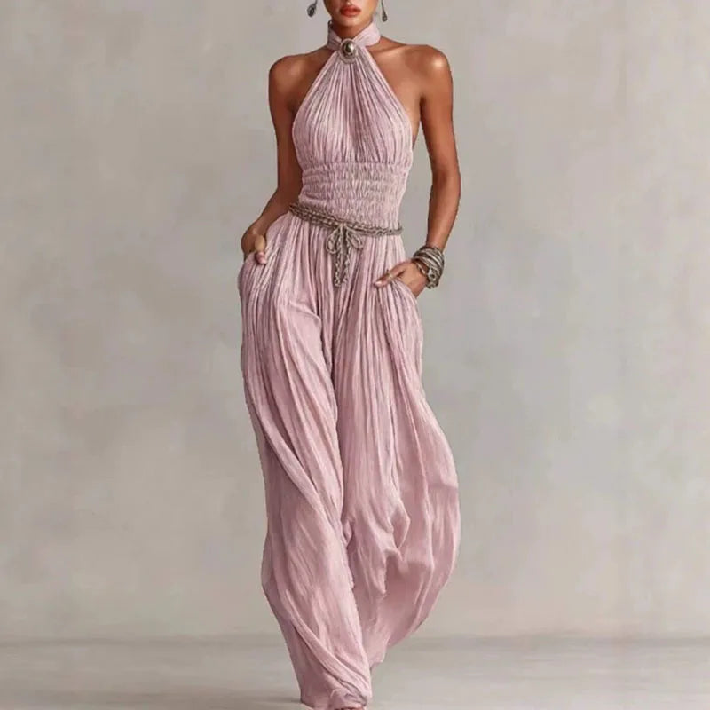 Bohemian Halter Hollow Vacation Jumpsuit Spring Solid Backless Pleated Women's Rompers Summer Sleeveless Wide Leg Pants Overalls