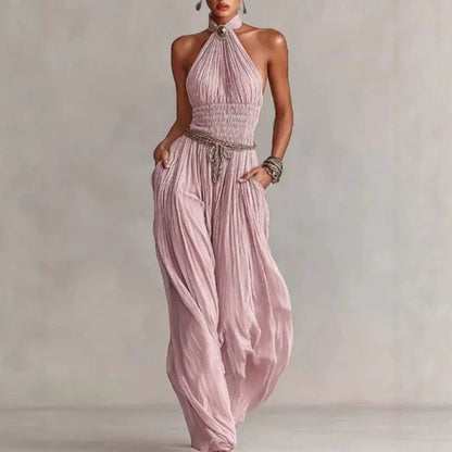 Bohemian Halter Hollow Vacation Jumpsuit Spring Solid Backless Pleated Women's Rompers Summer Sleeveless Wide Leg Pants Overalls