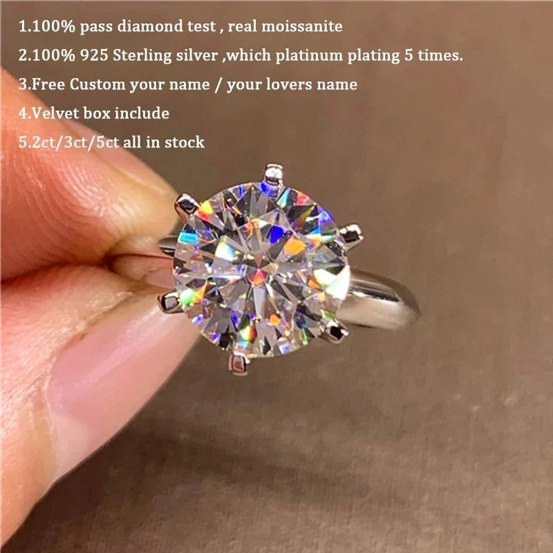 Classic 6 Prongs 5 Carat Round Moissanite Rings 925 Sterling Silver High Clarity D Color Diamond Woman 14K Gold Plated Jewelry