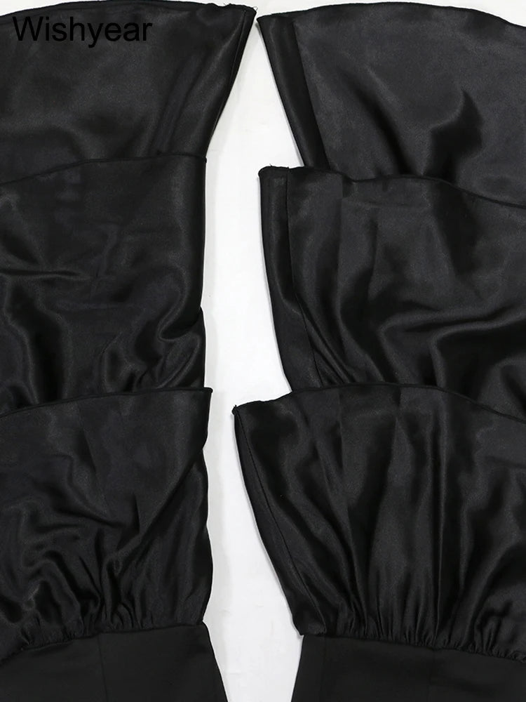 New One Pieces Jumpsuits Women Black Strapless Sleeveless Sexy Rompers Slim Fit Long Ruffles Flare Pant Night Club Even Overalls