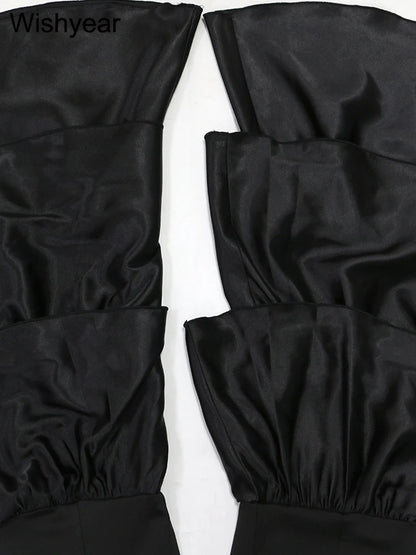 New One Pieces Jumpsuits Women Black Strapless Sleeveless Sexy Rompers Slim Fit Long Ruffles Flare Pant Night Club Even Overalls