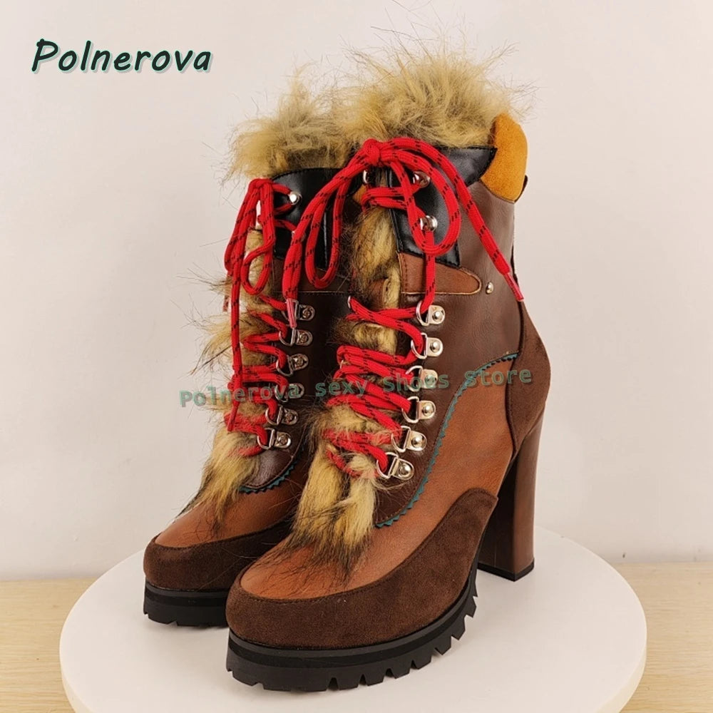 Faux Fur Cross Tied Fashion Boots 2026 New Arrivals Round Toe Toe Strange Style Mixed Colors Women Sexy Mid-Calf Boots Trend