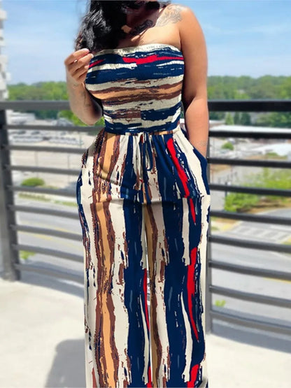 Women's Sexy Strapless One Piece Printed Pants Summer Fashion Lace Up High Waisted Slim Sleeveless Female Beach Holiday Jumpsuit