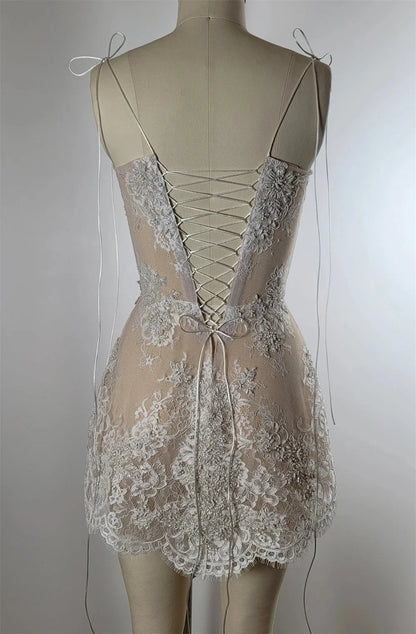 Tokyo Customized White Spaghetti Strap Wedding Dresses Sleeveless Back Lace-Up Bridal Gowns Elegant Mini A-Line Wedding Gowns