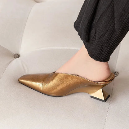 Luxury Gold Silver Leather Women's Mules Strange High Heels Wedge Women's Slippers Elegant Evening Dress Shoes Heels for Ladies