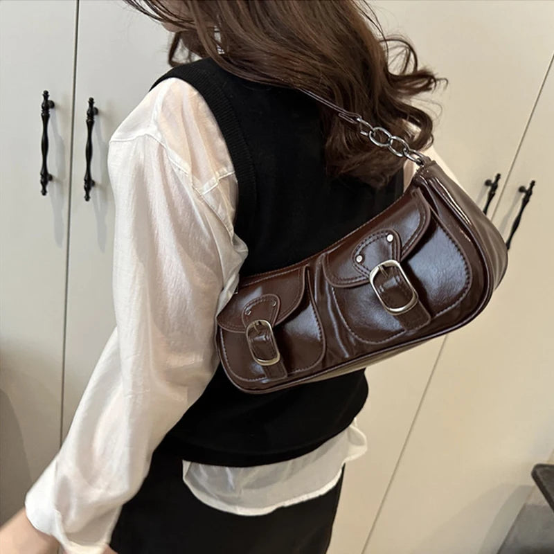 Fashion Pu Leather Women's Shoulder Bag Small Double Pocket Design Ladies Underarm Bags Y2k Vintage Female Handbags Clutch Purse