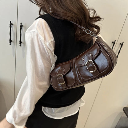 Fashion Pu Leather Women's Shoulder Bag Small Double Pocket Design Ladies Underarm Bags Y2k Vintage Female Handbags Clutch Purse