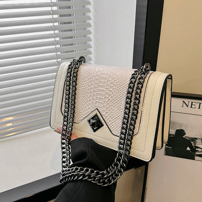 Leather Shoulder Bag Chain Purse for Women - Fashion Crossbody Bags Vintage Snake Print Underarm Bag Square Satchel Handbag