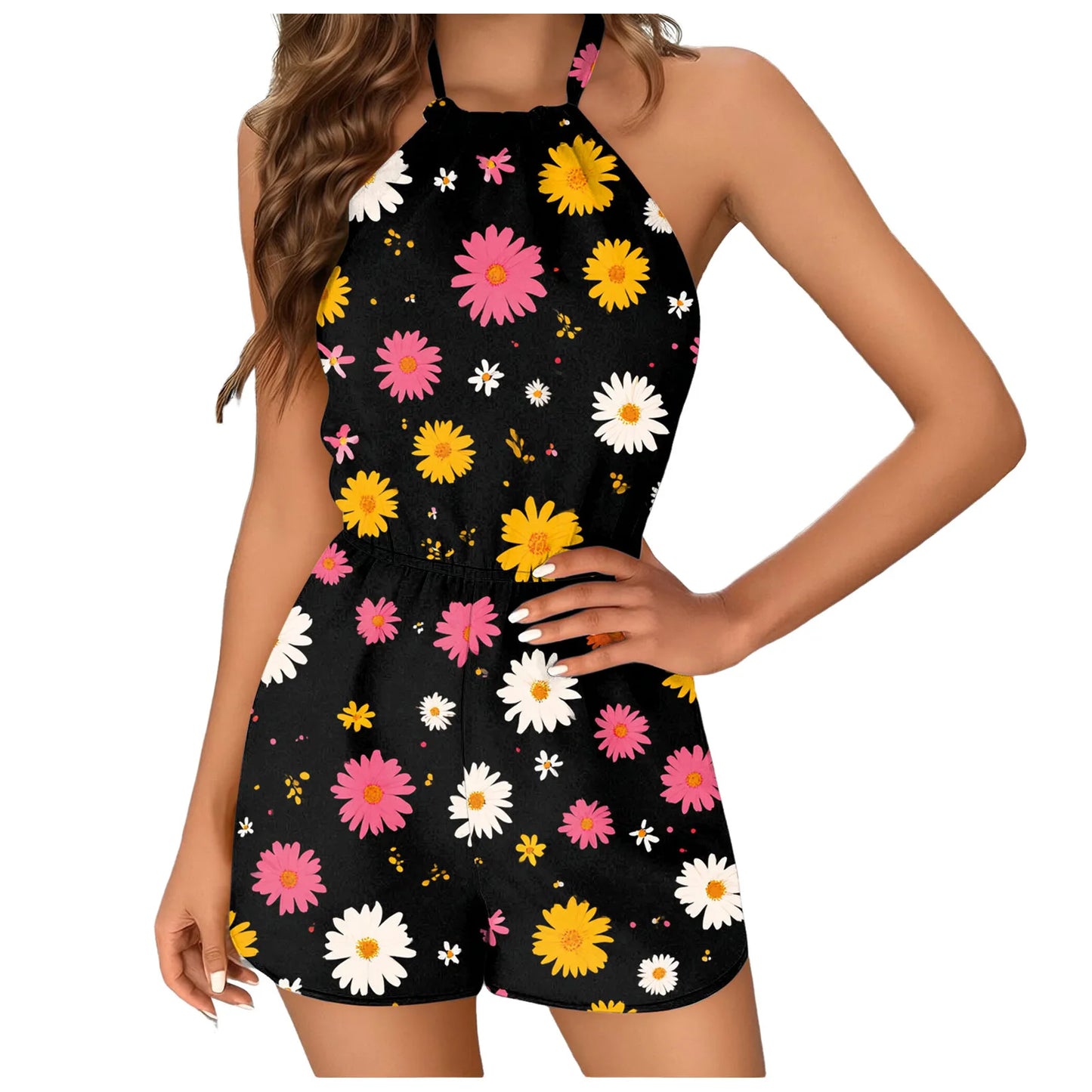 Women's Romper Boho Floral Print Halter Tie Straps Backless Overalls Shorts S-5XL Summer Casual Vacation Beach Jumpsuits