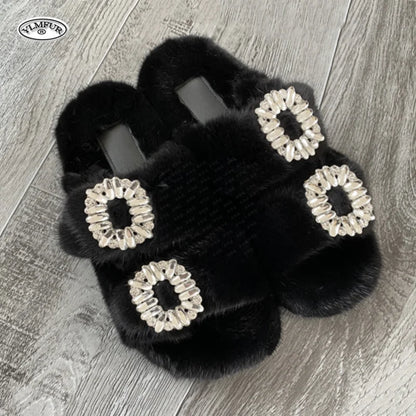 2025 New Women Fur Slippers Shoes Women Warm Winter Crystal Fur Shoes For Women Slippers Casual Plush Comfortable Mink Slippers