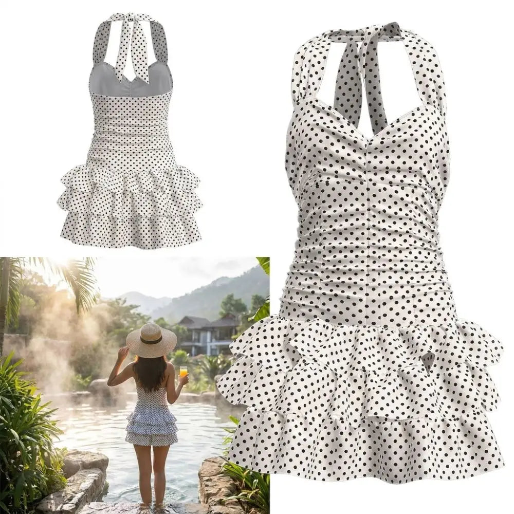 Ruffle Skirt Polka Dot One-Piece Swimsuit Backless Design Bandage Style Beach Dress Slimming Tummy Control Ruffled Hem