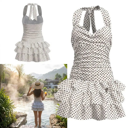 Ruffle Skirt Polka Dot One-Piece Swimsuit Backless Design Bandage Style Beach Dress Slimming Tummy Control Ruffled Hem