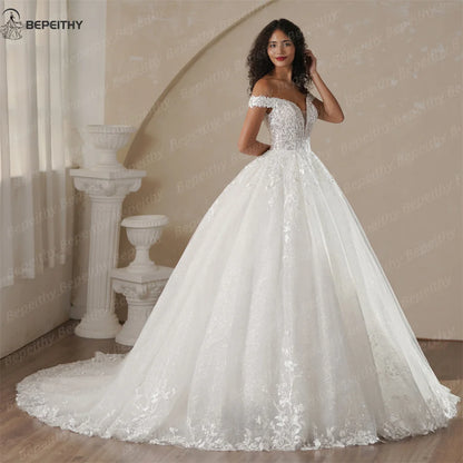 BEPEITHY Customized Off The Shoulder Lace Wedding Dresses For Women 2025 Glitter Bride Ivory Bridal Gown Vestidos De Novia Boda