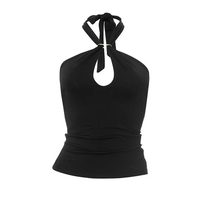 Women'S Solid Color Hanging Neck Tie Hollow Out Metal Ring Strapless Backless Tank Top Summer New Fashion Street Tank