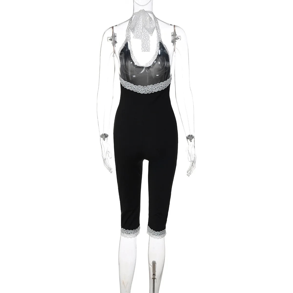 Joskaa Black Lace Trim Halter Capri Jumpsuits Women Sexy V-Neck Backless Sleeveless Bodycon Knee Length Rompers Y2K Streetwear