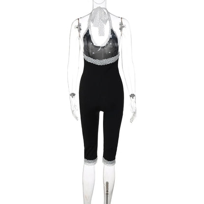 Joskaa Black Lace Trim Halter Capri Jumpsuits Women Sexy V-Neck Backless Sleeveless Bodycon Knee Length Rompers Y2K Streetwear