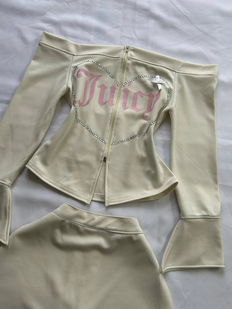 Y2K Pink High Waist Mini Skirt with Rhinestone Heart Juicy Logo Bow Soft Velour A-line Preppy Kawaii Streetwear for Women