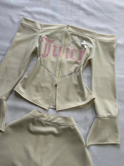 Y2K Pink High Waist Mini Skirt with Rhinestone Heart Juicy Logo Bow Soft Velour A-line Preppy Kawaii Streetwear for Women