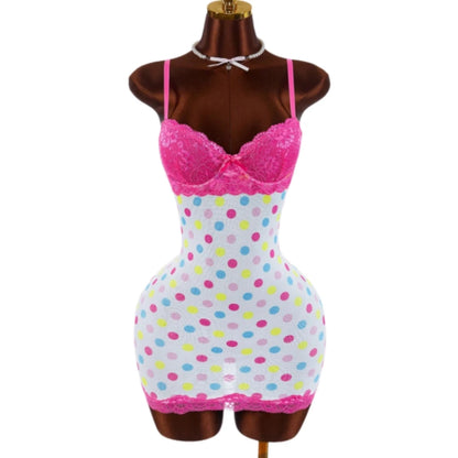 HLJ&GG Sexy Polka Dot Print Lace Splicing Bodycon One Piece Rompers Women Spaghetti Strap Sleeveless Backless Jumpsuits Street